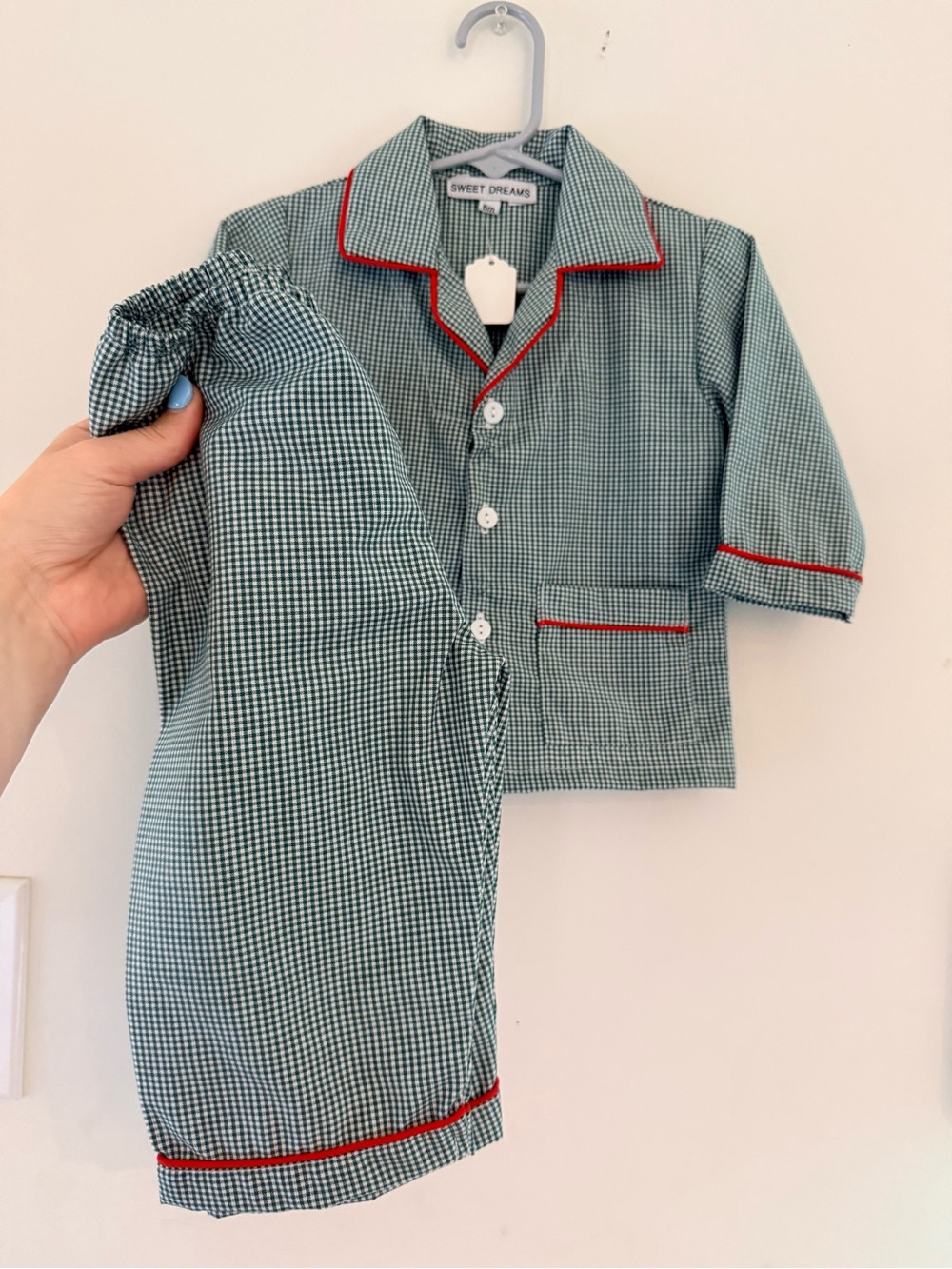 Sweet Dreams Green Gingham Pajama Set with Red Trim